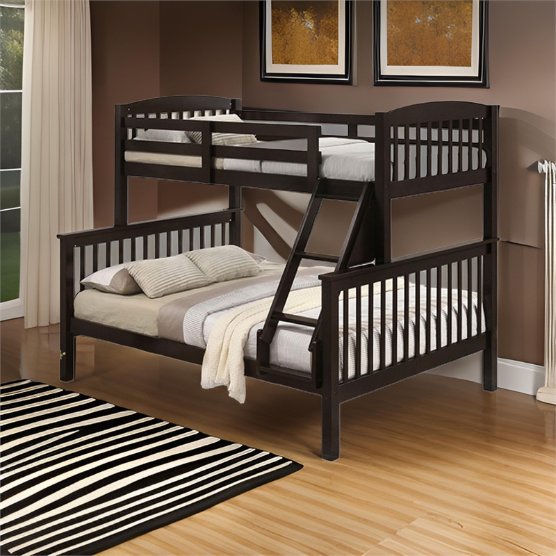 Bruke Twin/Full Size Bunk Bed with Ladder- Slatted Brown Solid Hardwood