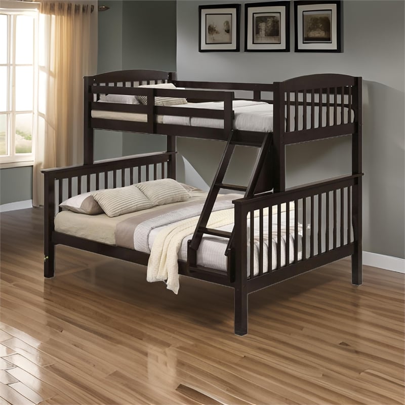 Bruke Twin/Full Bunk Bed with Ladder- Slatted Cherry Brown Solid Hardwood