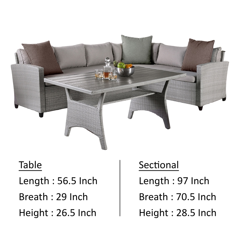 Maria 3 Piece Outdoor Patio Dining Set- L Sectional Sofa with Table- Black