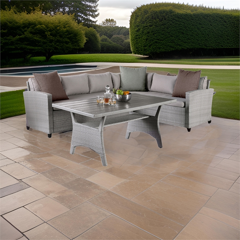 Maria 3 Piece Outdoor Patio Dining Set- L Sectional Sofa with Table- Black