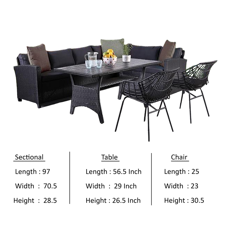 Maria 5pc Outdoor Patio Dining Set- Sectional Sofa- Table- 2 Chairs- Black