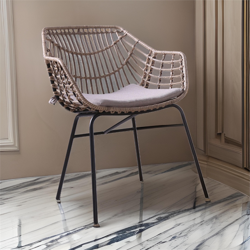 Niya Patio Chair Set of 2- Black Steel- Gray- Brown Outdoor Rattan Wicker