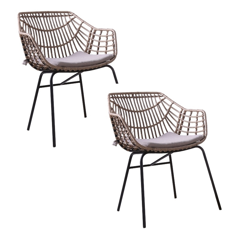 Niya Patio Chair Set of 2- Black Steel- Gray- Brown Outdoor Rattan Wicker