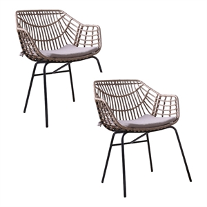 Niya Patio Chair Set of 2- Black Steel- Gray- Brown Outdoor Rattan Wicker