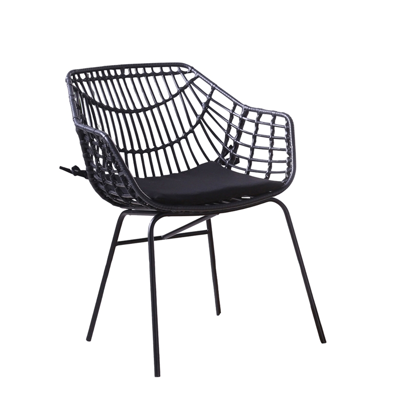 Zyan 3pc Outdoor Set- 2 Accent Chairs with Table- Black Steel- Brown Rattan