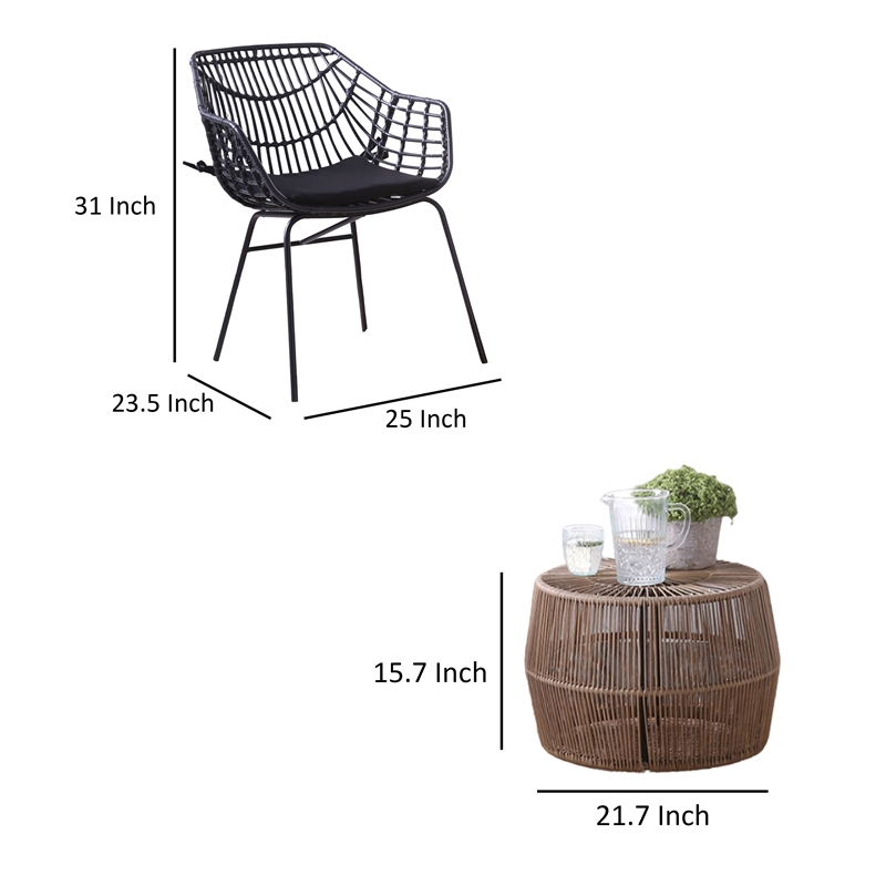 Zyan 3pc Outdoor Set- 2 Accent Chairs with Table- Black Steel- Brown Rattan