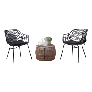 Zyan 3pc Outdoor Set- 2 Accent Chairs with Table- Black Steel- Brown Rattan