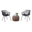 Zyan 3pc Outdoor Set- 2 Accent Chairs with Table- Black Steel- Brown Rattan