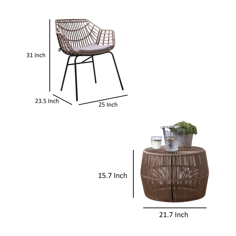 Zyan 3pc Outdoor Set- 2 Accent Chairs with Table- Black Steel- Gray- Rattan
