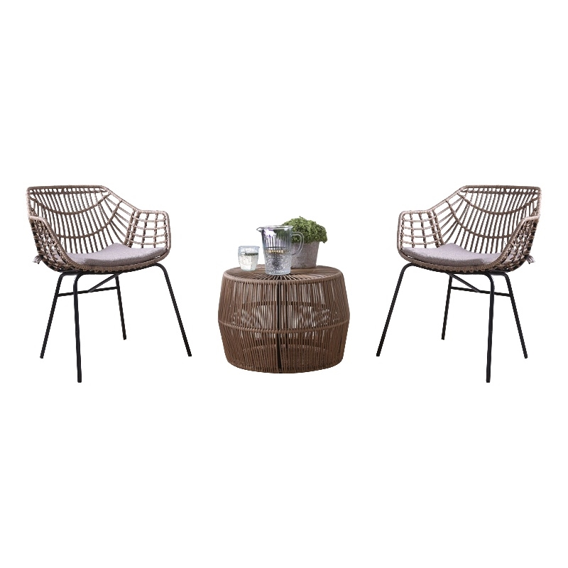 Zyan 3pc Outdoor Set- 2 Accent Chairs with Table- Black Steel- Gray- Rattan