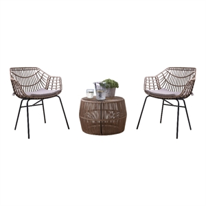 Zyan 3pc Outdoor Set- 2 Accent Chairs with Table- Black Steel- Gray- Rattan