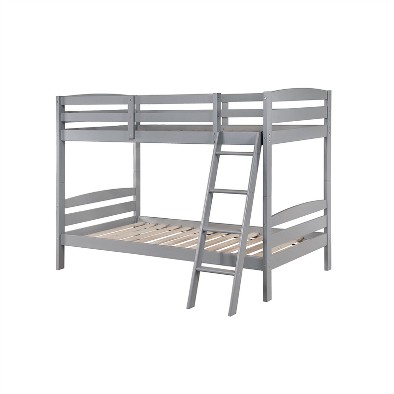 Hina Twin Bunk Bed- Angled Ladder- Sturdy Slat Design- Gray Solid Wood