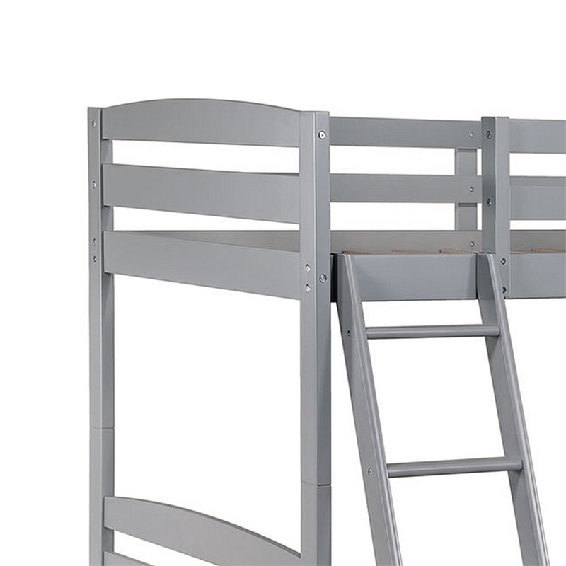 Hina Twin Bunk Bed- Angled Ladder- Sturdy Slat Design- Gray Solid Wood