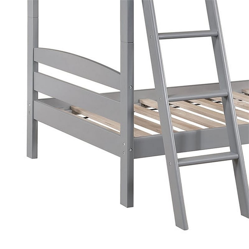 Hina Twin Bunk Bed- Angled Ladder- Sturdy Slat Design- Gray Solid Wood