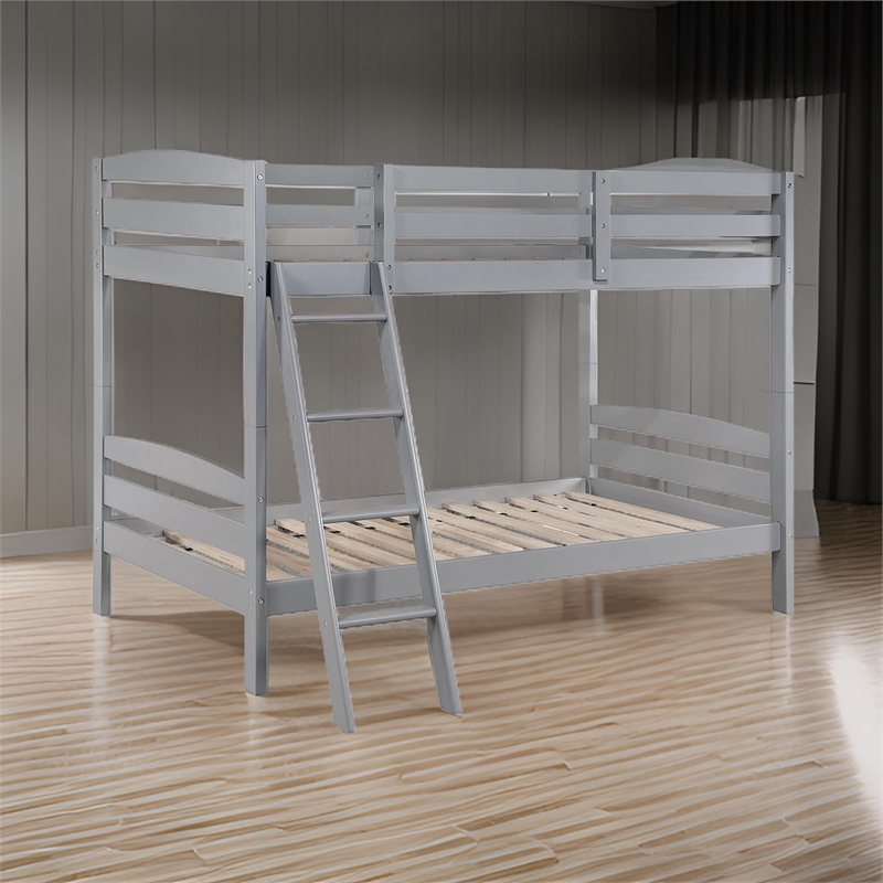 Hina Twin Bunk Bed- Angled Ladder- Sturdy Slat Design- Gray Solid Wood