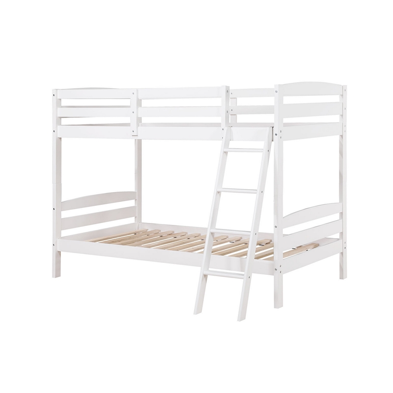 Hina Twin Bunk Bed- Angled Ladder- Sturdy Slat Design- White Solid Wood
