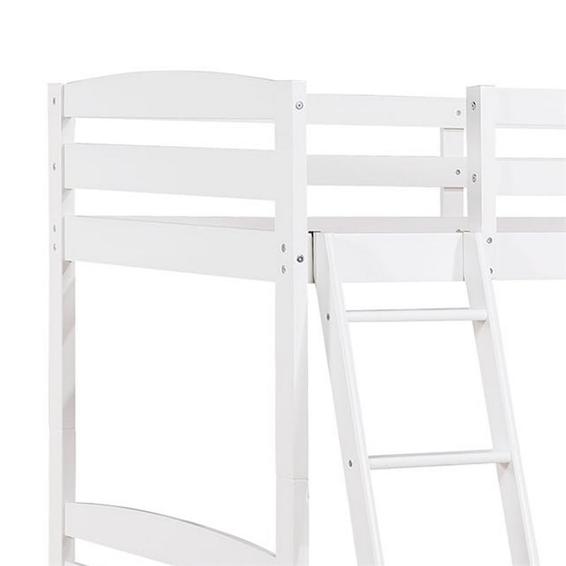 Hina Twin Bunk Bed- Angled Ladder- Sturdy Slat Design- White Solid Wood