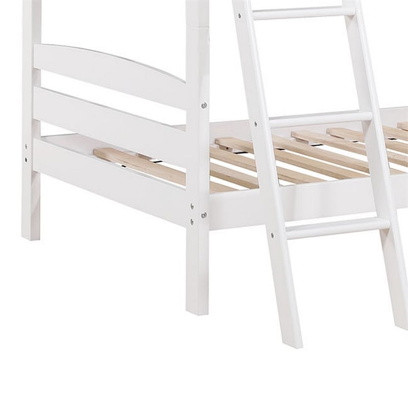 Hina Twin Bunk Bed- Angled Ladder- Sturdy Slat Design- White Solid Wood