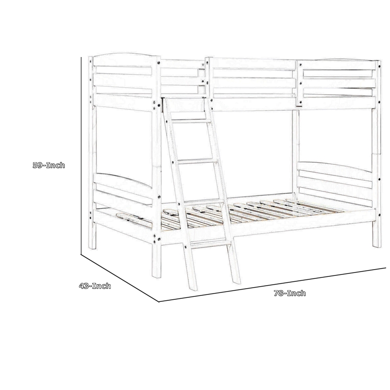 Hina Twin Bunk Bed- Angled Ladder- Sturdy Slat Design- White Solid Wood