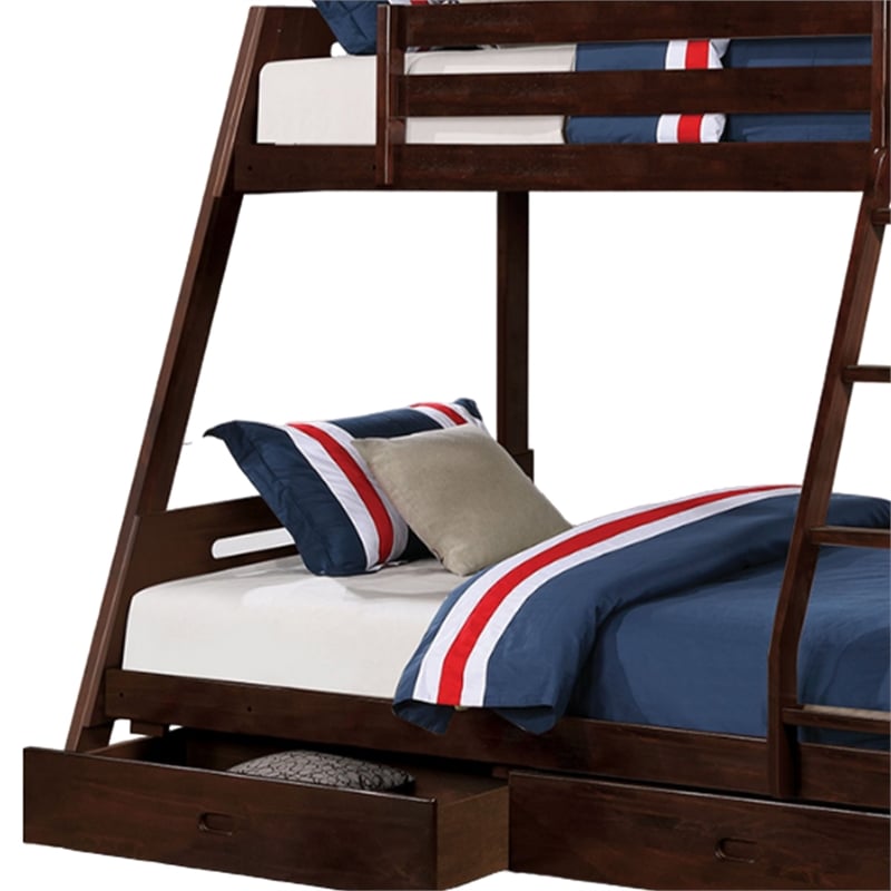 Emily Twin Over Full Bunk Bed with Ladder- 2 Drawers- Espresso Brown Wood