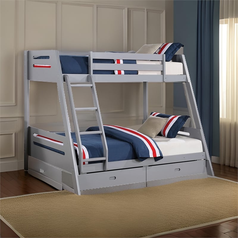 Emily Twin Over Full Bunk Bed with Ladder- 2 Drawers- Gray Solid Wood
