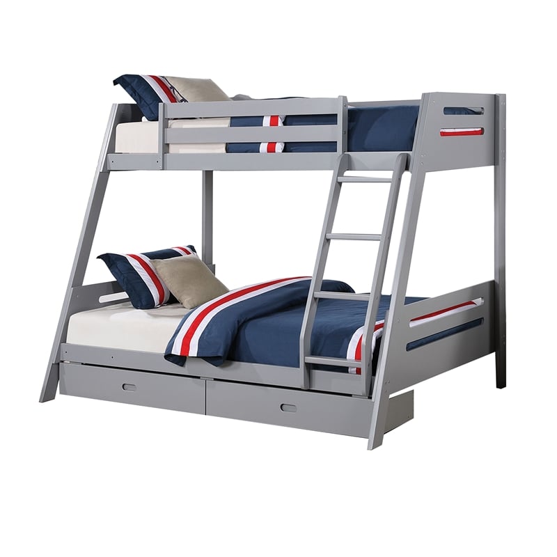 Emily Twin Over Full Bunk Bed with Ladder- 2 Drawers- Gray Solid Wood