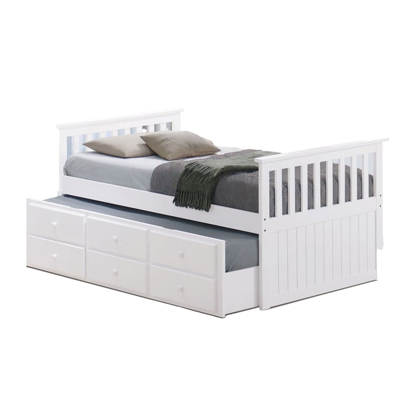 Clen Twin Captain Bed- Trundle with 3 Drawer Storage- White Solid Hardwood