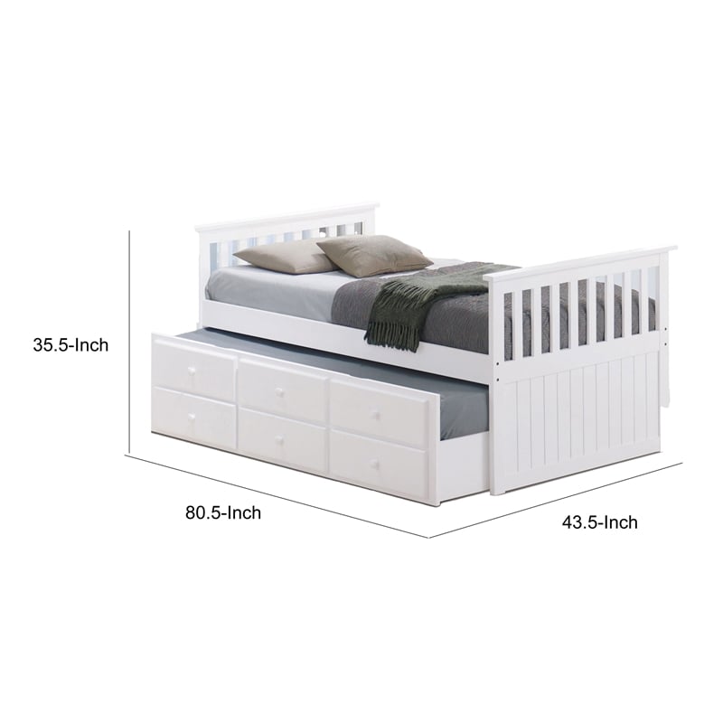 Clen Twin Captain Bed- Trundle with 3 Drawer Storage- White Solid Hardwood