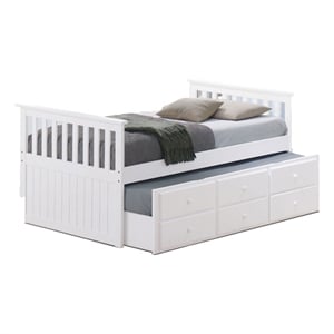 Clen Twin Captain Bed- Trundle with 3 Drawer Storage- White Solid Hardwood