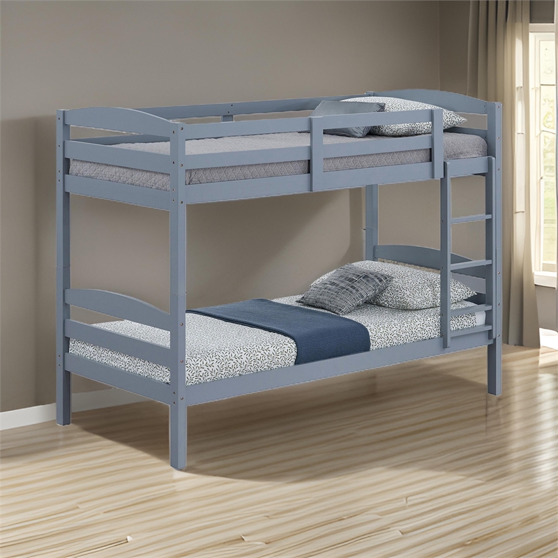Sifa Twin Bunk Bed- Convenient Ladder- Arch Slat Design- Gray Solid Wood