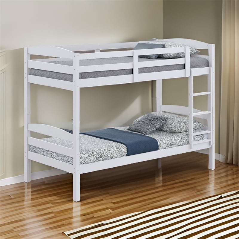 Sifa Twin Bunk Bed- Convenient Ladder- Arch Slat Design- White Solid Wood