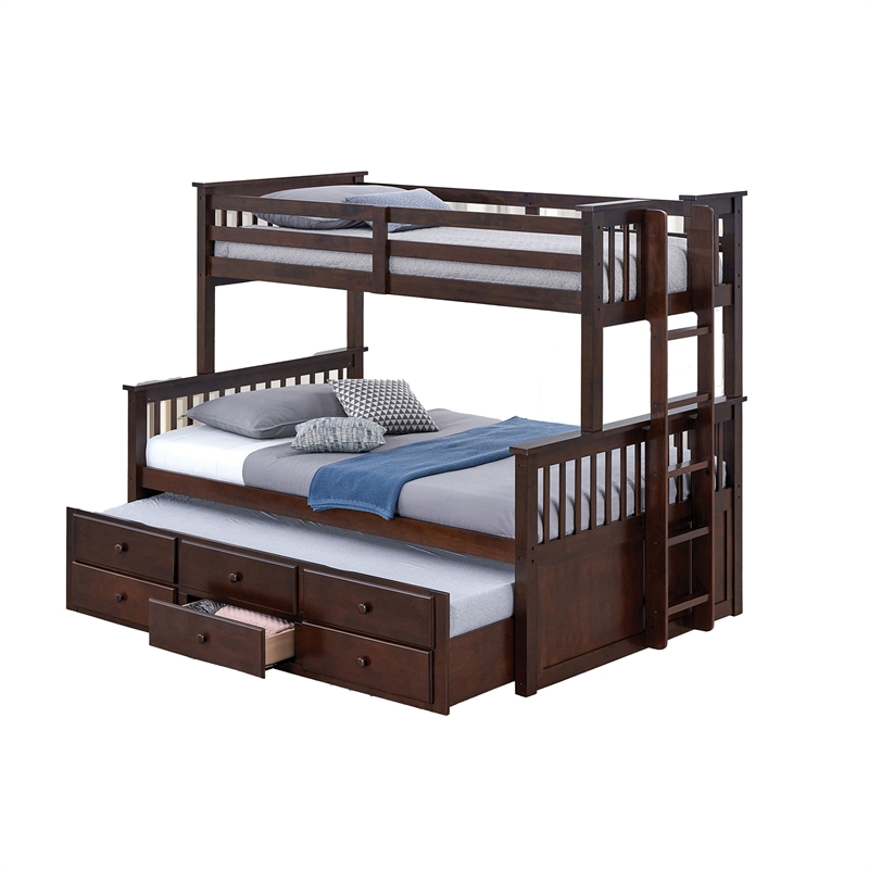 Veran Twin Over Full Bunk Bed- Trundle and 3 Drawers- Dark Brown Solid Wood