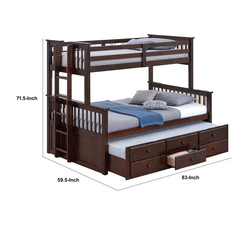 Veran Twin Over Full Bunk Bed- Trundle and 3 Drawers- Dark Brown Solid Wood