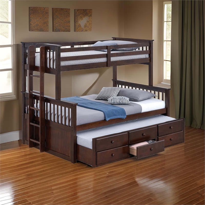 Veran Twin Over Full Bunk Bed- Trundle and 3 Drawers- Dark Brown Solid Wood