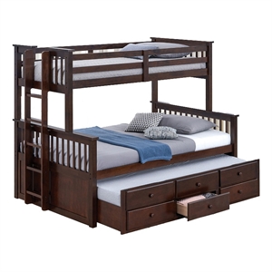Veran Twin Over Full Bunk Bed- Trundle and 3 Drawers- Dark Brown Solid Wood