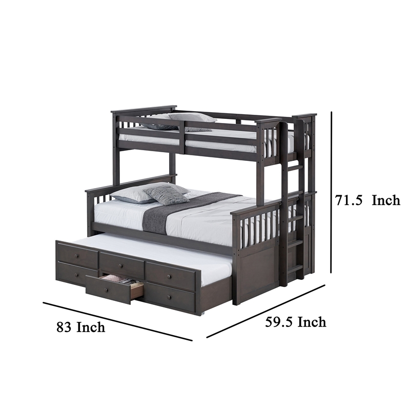 Veran Twin Over Full Bunk Bed- Trundle and 3 Drawers- Dark Gray Solid Wood