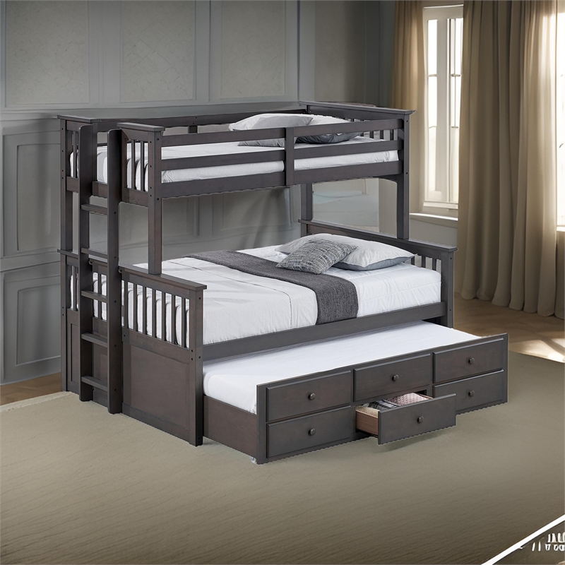 Veran Twin Over Full Bunk Bed- Trundle and 3 Drawers- Dark Gray Solid Wood