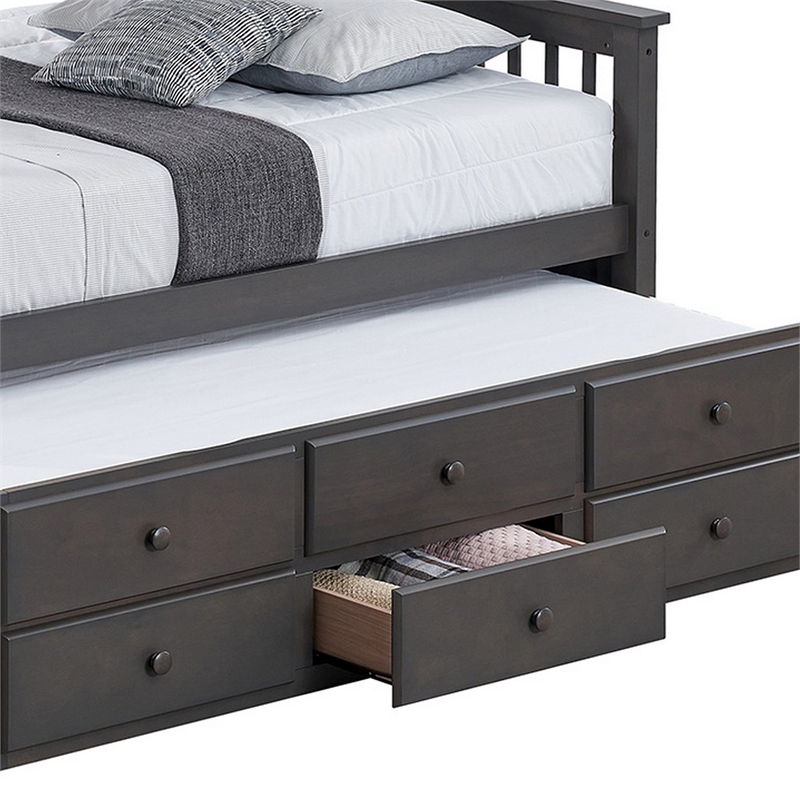 Veran Twin Over Full Bunk Bed- Trundle and 3 Drawers- Dark Gray Solid Wood