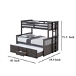 Veran Twin Over Full Bunk Bed- Trundle and 3 Drawers- Dark Gray Solid Wood