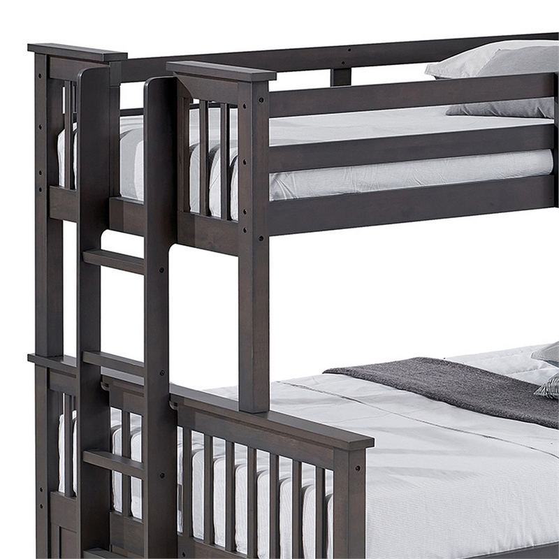 Veran Twin Over Full Bunk Bed- Trundle and 3 Drawers- Dark Gray Solid Wood
