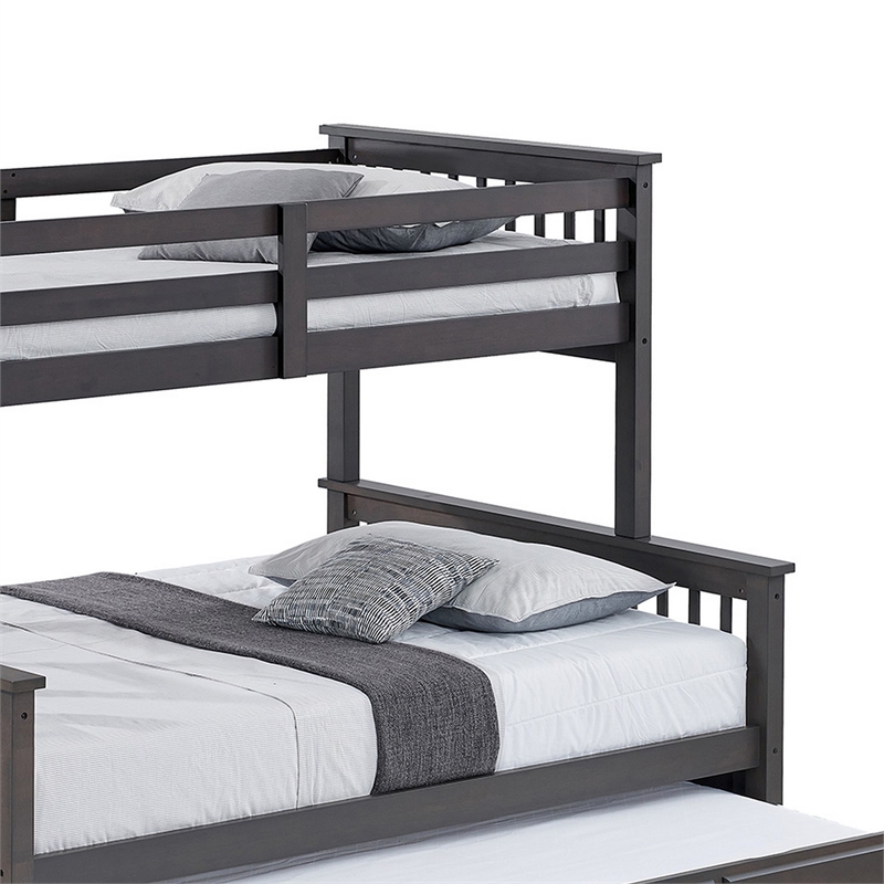 Veran Twin Over Full Bunk Bed- Trundle and 3 Drawers- Dark Gray Solid Wood