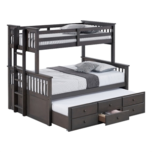 Veran Twin Over Full Bunk Bed- Trundle and 3 Drawers- Dark Gray Solid Wood
