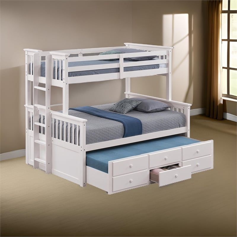 Veran Twin Over Full Bunk Bed- Trundle and 3 Drawers- White Solid Wood