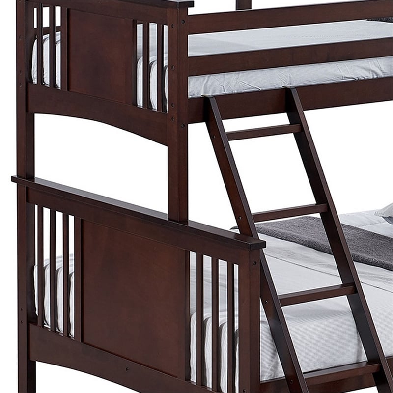 Ricky Twin Over Full Bunk Bed- Angled Ladder- Dark Brown Solid Hardwood