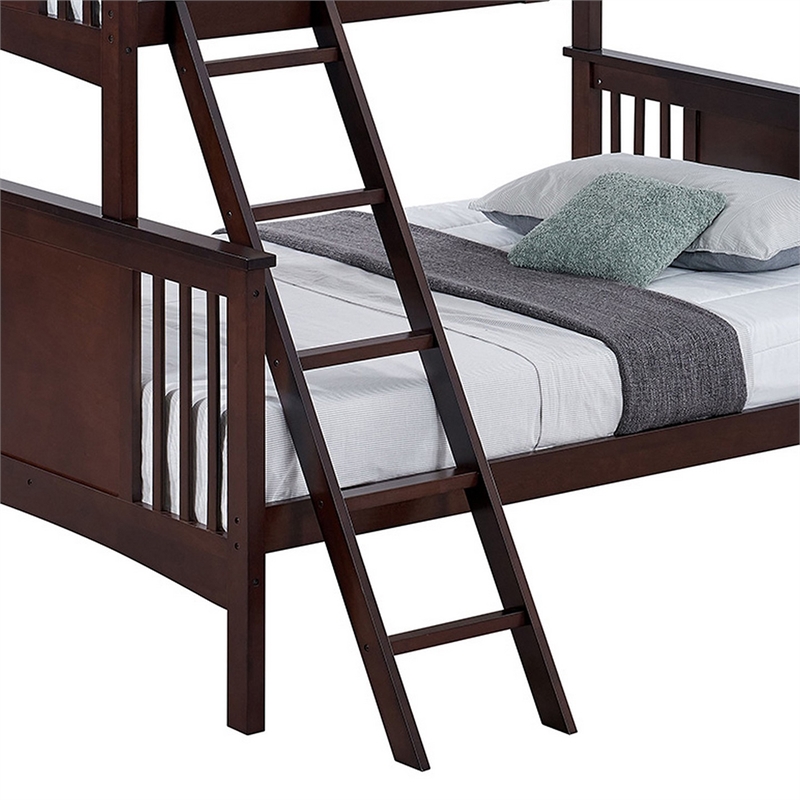 Ricky Twin Over Full Bunk Bed- Angled Ladder- Dark Brown Solid Hardwood