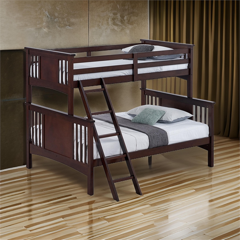 Ricky Twin Over Full Bunk Bed- Angled Ladder- Dark Brown Solid Hardwood