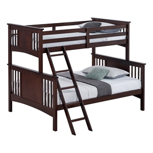 Ricky Twin Over Full Bunk Bed- Angled Ladder- Dark Brown Solid Hardwood