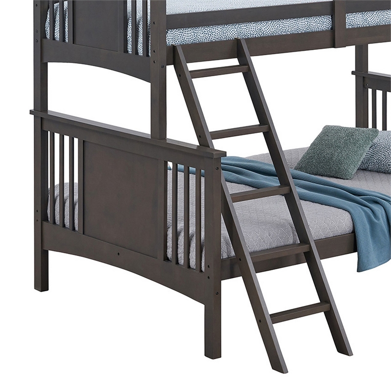 Ricky Twin Over Full Bunk Bed- Angled Ladder- Stain Gray Solid Hardwood
