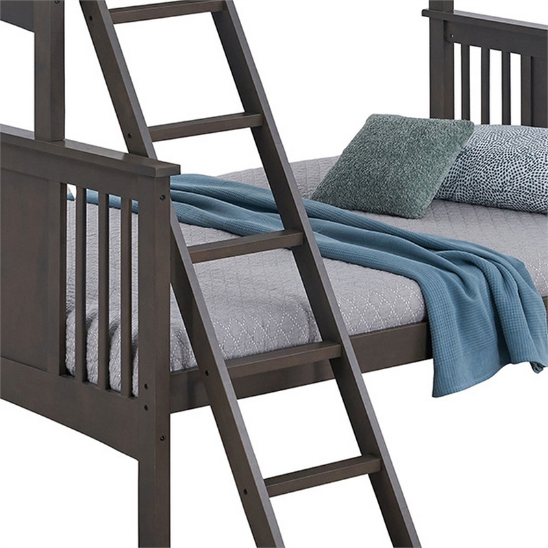 Ricky Twin Over Full Bunk Bed- Angled Ladder- Stain Gray Solid Hardwood
