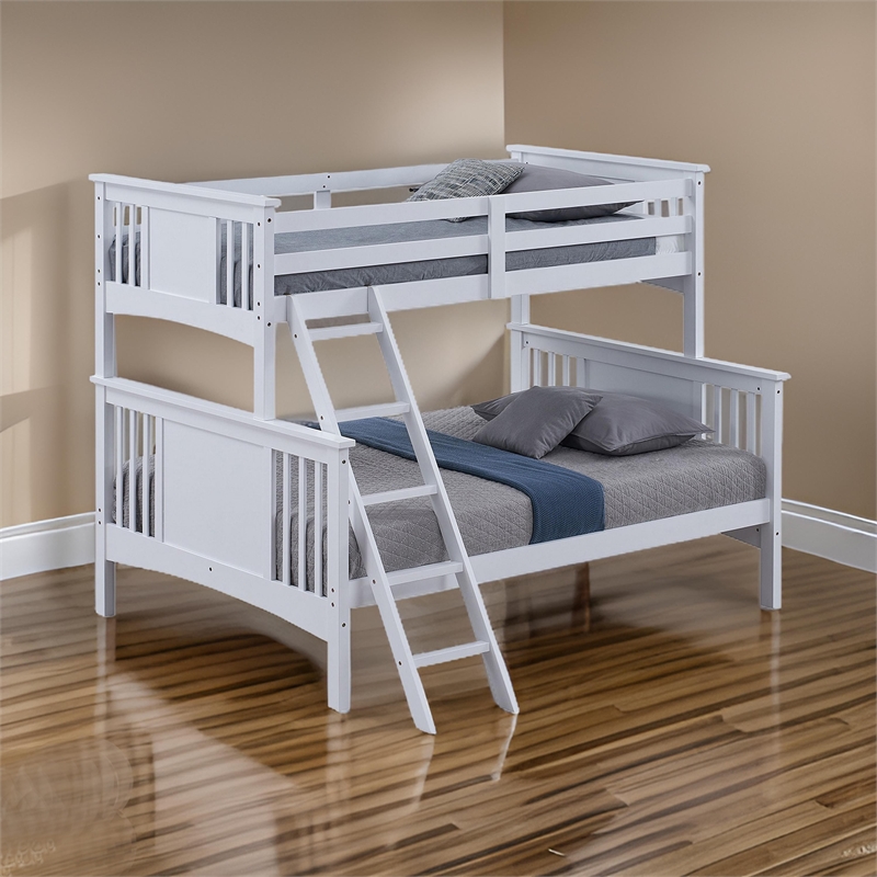 Ricky Twin Over Full Bunk Bed- Angled Ladder- Classic White Solid Hardwood
